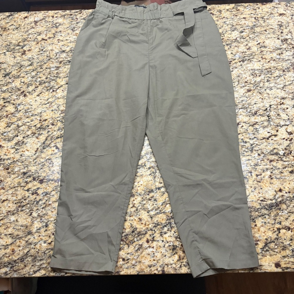 Zara Basic Olive Green Paperbag Waist Tapered Pants Size Large ws
